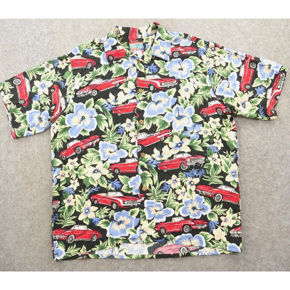 Reyn Spooner Joe Kealoha Shirt Mens Large Black Red Car Print Floral Hawaiian